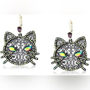 Betsey Johnson Iridescent Black Cat Drop Earrings